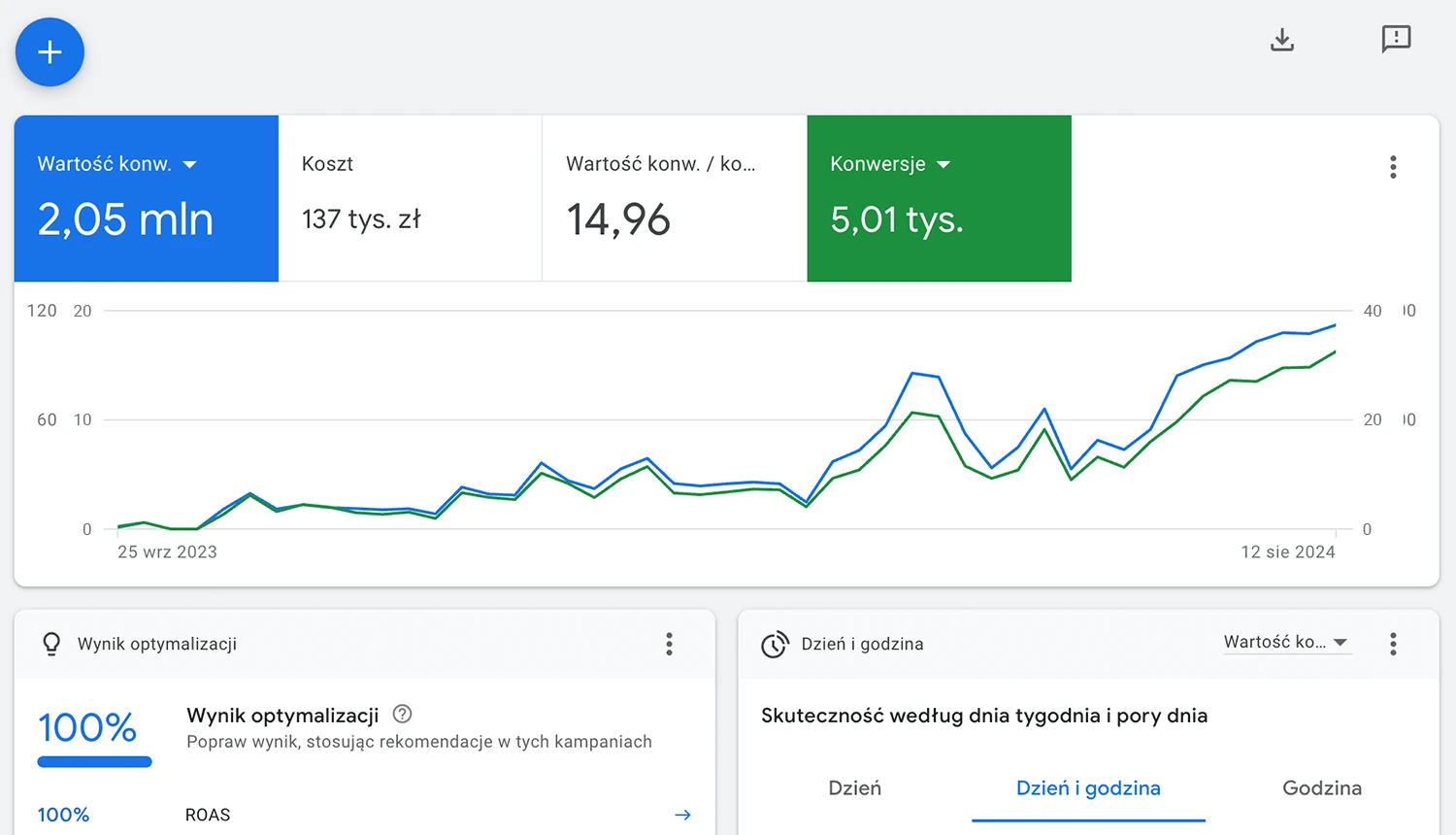 Panel Google Ads - wartość konwersji 2,05 mln zł