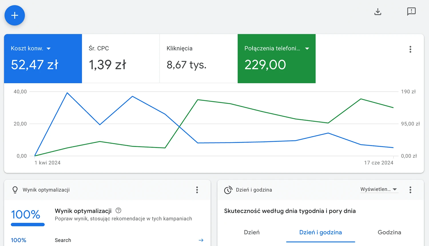 Panel Google Ads - redukcja kosztu połączenia o 88%