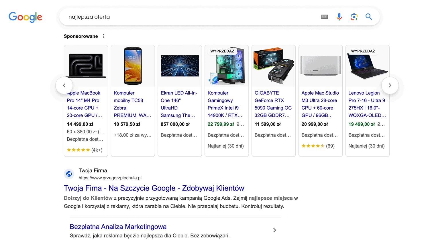 Wyniki wyszukiwania Google na komputerze